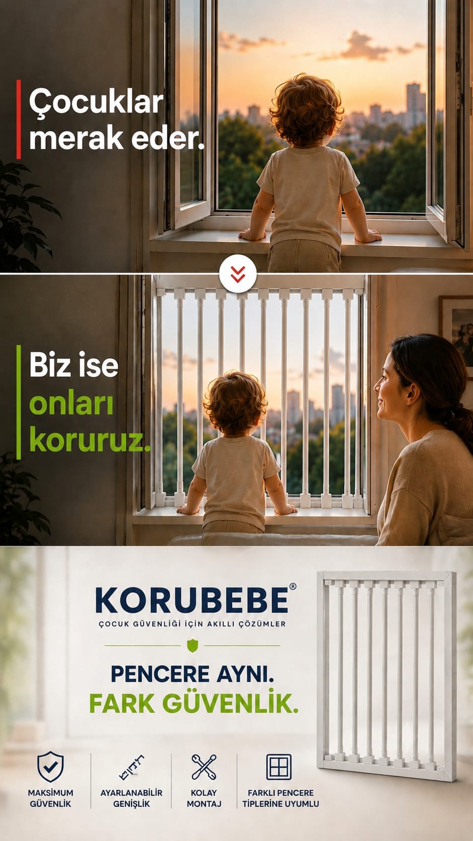 KORUBEBE® Ayarlanabilir Pencere Güvenlik Bariyeri