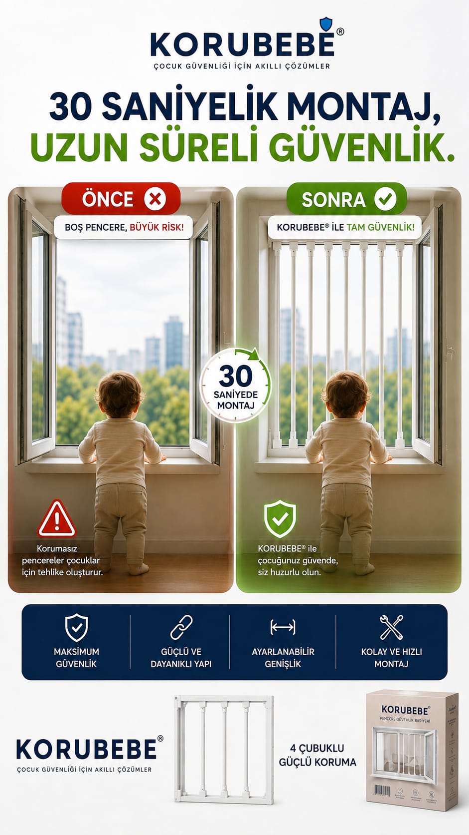 KORUBEBE® Ayarlanabilir Pencere Güvenlik Bariyeri