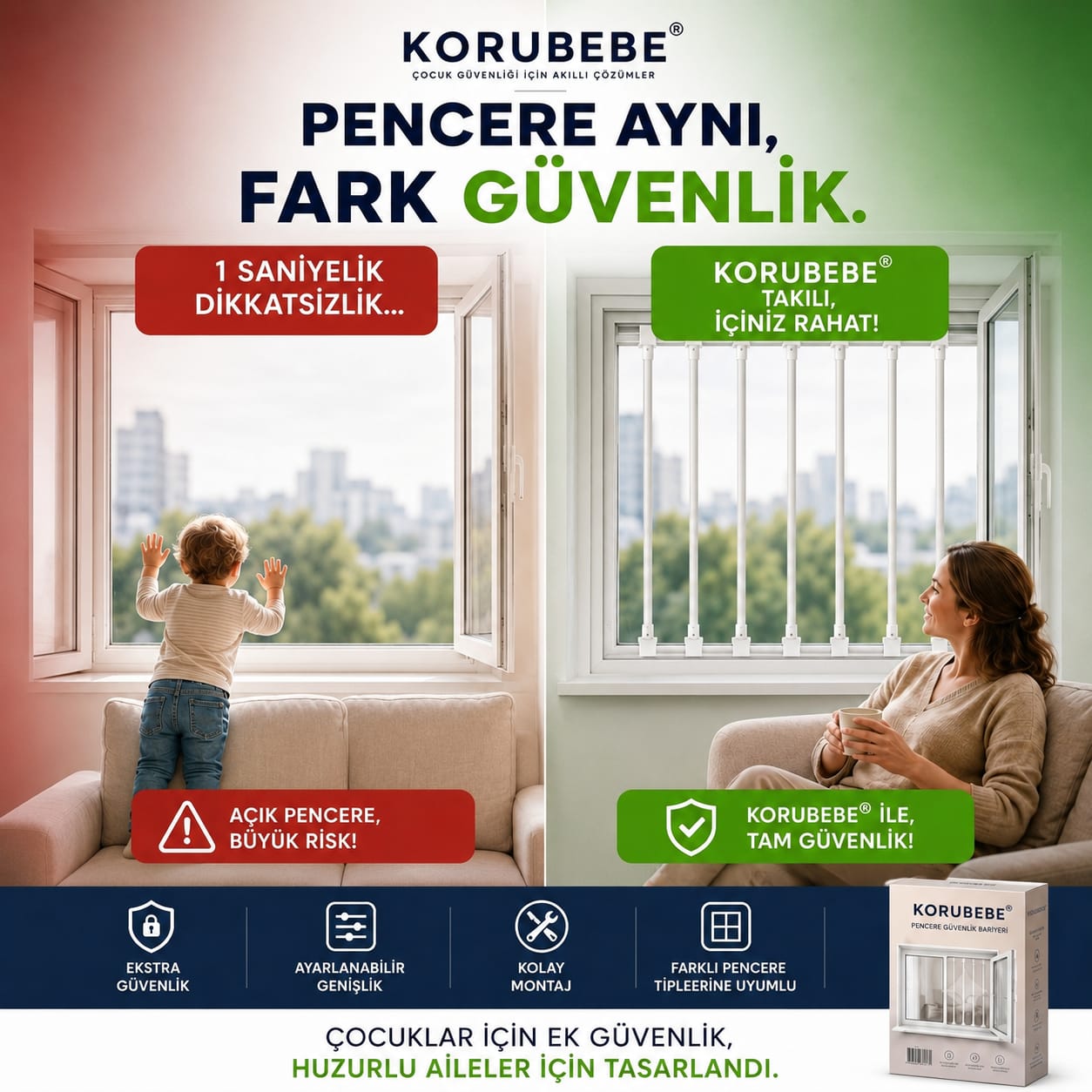 KORUBEBE® Ayarlanabilir Pencere Güvenlik Bariyeri